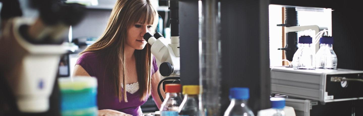 Picture of scientist sitting down while looking through a microscope in a lab